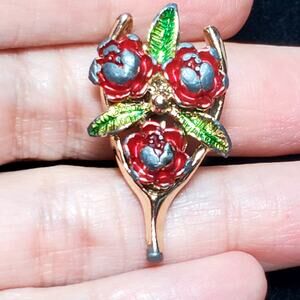 Gerry's Brooch Scatter Pins Vintage Red Rose Wishbone Gold Tone Signed 1.25"